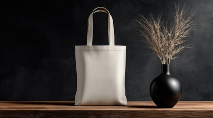 Obraz premium Blank tote bag on wooden table, dark background, with dried flowers