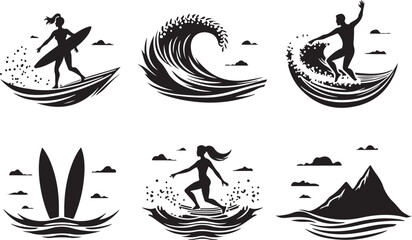 Dynamic surfers riding ocean waves under scenic clouds and mountains