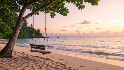Serene beach swing awaits tranquil sunset views over calm ocean waters, inviting peaceful relaxation
