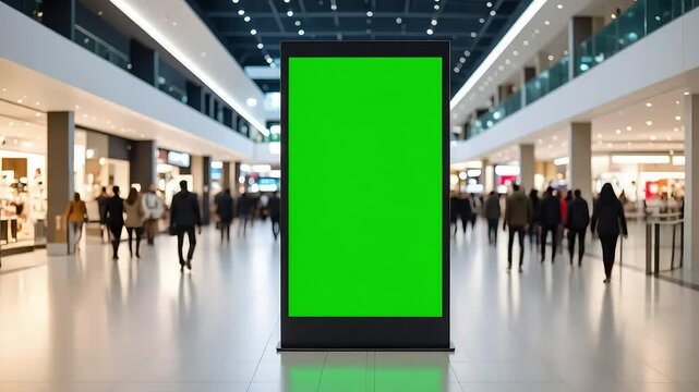 Digital advertising billboard with green screen in a shopping mall setting
