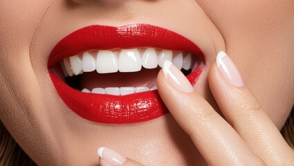 Naklejka premium Stunning woman with vibrant red lips and perfect white teeth smiles sensually, touching her face with manicured fingers