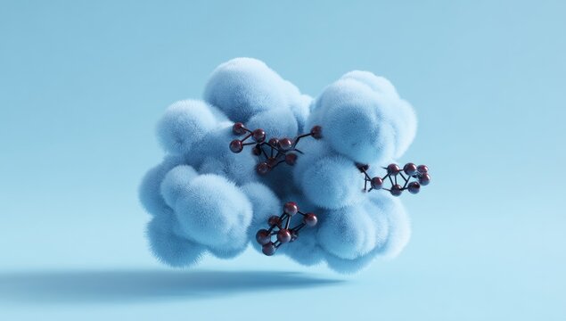 Fluffy blue cloud cluster with dark red molecular structures