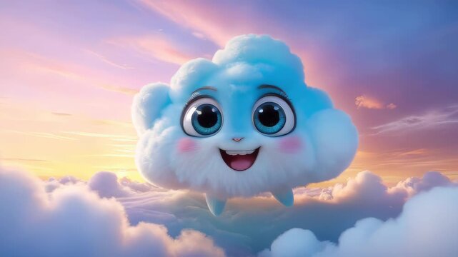 A cartoon cloud with a smiling face and blue eyes. The cloud is surrounded by a blue sky