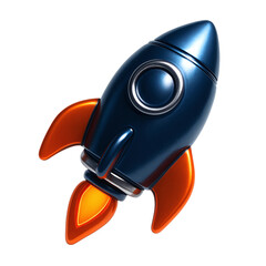3D Rendered Icon of A sleek metallic blue and orange toy rocket with a silver porthole launching upwards.