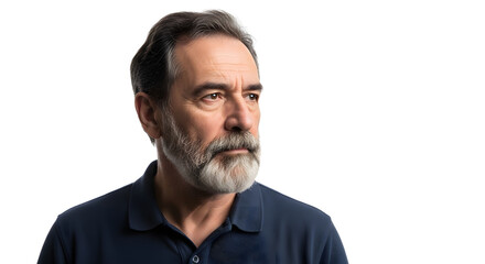 Fototapeta premium Portrait of a pensive senior man with a gray beard looking away. Mature caucasian male in deep thought, isolated on a white background.