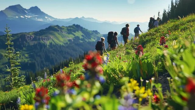 Group of eco-tourists hiking up lush mountain trail with swaying wildflowers in foreground, under vibrant blue sky, fresh air, cinematic wide shot of alpine adventure in full natural beauty