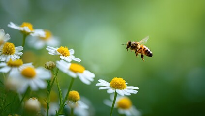 Obraz premium A bee flying around white daisies with yellow centers, symbolizing the beauty and harmony of nature's energy in springtime. 