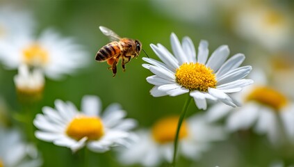  A bee flying around white daisies with yellow centers, symbolizing the beauty and harmony of nature's energy in springtime. 