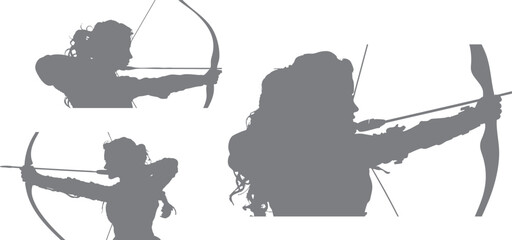 Minimalist style silhouette archer vector, drawing a bow with proportional details, depicting modern archery skills, suitable for use in tournament flyers, sports graphic elements, and book cover desi