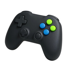 3D Rendered Icon of Black Video Game Controller with Colorful Buttons.