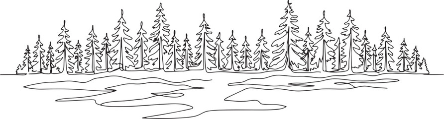 Monochrome minimalist drawing of a boreal forest line art with s