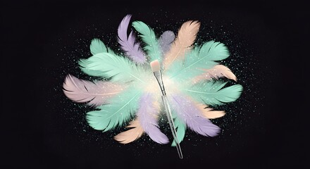 A pastel feather arrangement with a paintbrush in the center on a black background with glitter