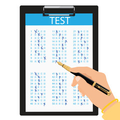 Hand holding a fountain pen writing a test. Black clipboard with a test paper