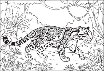 Fototapeta premium Clouded Leopard Coloring Page in Jungle Habitat with Leaves and