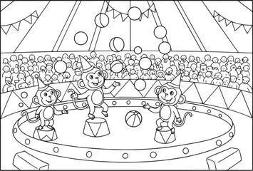 Three cute monkeys juggling balls and balancing on stage in a li