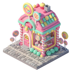 Charming isometric 3D of candy shop with pastel colors lollipops and a claylike texture.