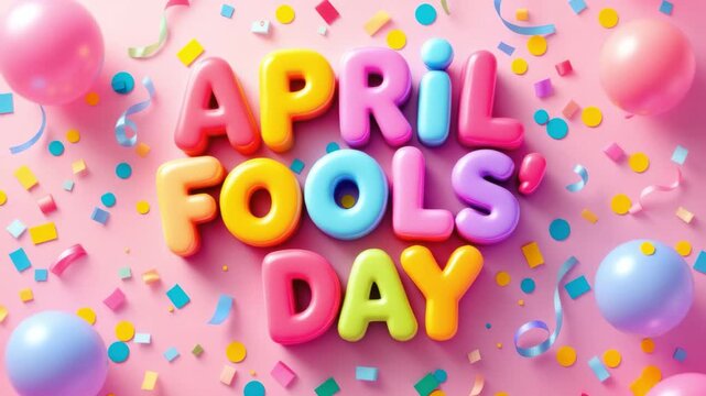 Colorful letters spelling 'April Fools' Day' on a pink background with confetti and balloons. A festive atmosphere for the holiday celebration.