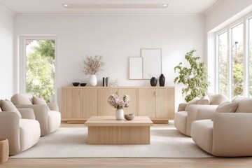 Light-filled, minimalist living room with light beige furniture and wooden accents