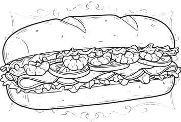 Detailed line art illustration of a po' boy sandwich with shrimp