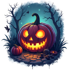 Glowing Jack-o'-Lantern on Spooky Path with Full Moon