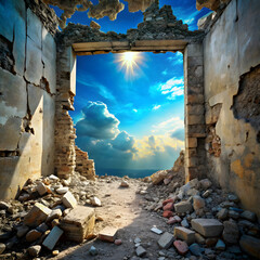 Ruined stone doorway bright sky ruined stone wall blue sky