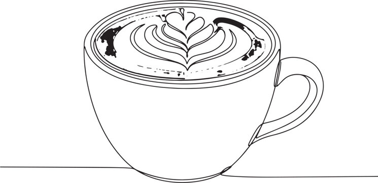 Minimalist single line drawing of cappuccino with latte art on w