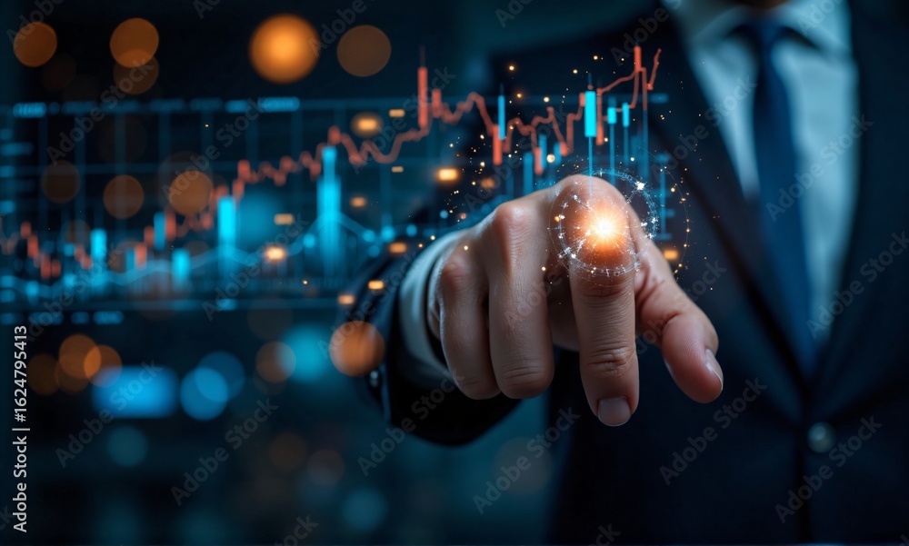Poster a professional interacts with a holographic financial chart, visualizing complex data and market tre