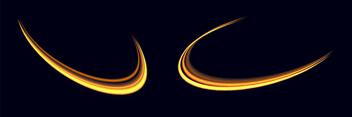 Set of light speed motion effect. Gold or yellow color spiral glow effect on dark background. Sunlight special lens flare light effect. Vector illustration