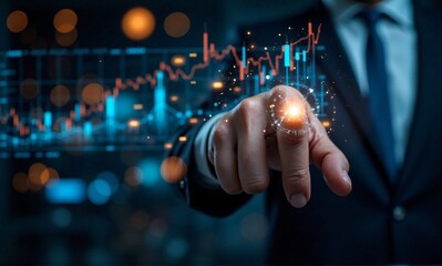 A professional interacts with a holographic financial chart, visualizing complex data and market trends in a digital future.