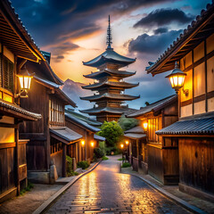 Obraz premium Traditional Japanese Pagoda Street Scene traditional architecture