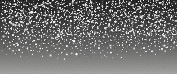 Snow on transparent background. Winter snowfall effect of falling white snow flakes and shining, New Year snowstorm or blizzard realistic backdrop. Christmas or Xmas holidays.