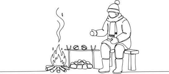 Naklejka premium A lone figure by a crackling fire roasting chestnuts on a winter