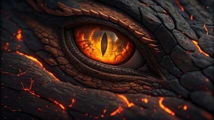 Fiery dragon eye with molten lava glowing through scales, capturing ancient power and mythical intensity