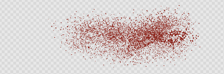 Red pepper powder. Paprika spice splatters on transparent background. Grainy scatterings of paprika or chilli spice. Vector realistic illustration. Eps 10