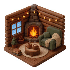 Stylized Isometric 3D of Cozy clay log cabin interior with fireplace and armchair.