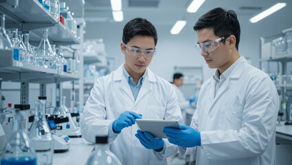 Two scientists in lab coats and goggles collaborate using a tablet amidst scientific equipment and glassware, advancing research.