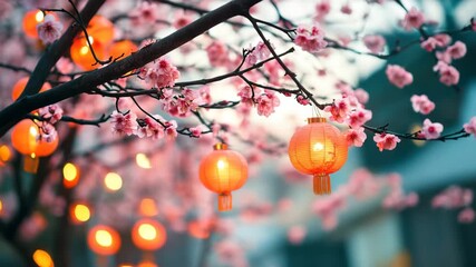 Cherry blossom branch with glowing orange lanterns hanging, creating warm festive atmosphere during springtime celebration outdoors and soft evening light in serene outdoor setting decoration - Powered by Adobe