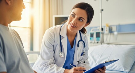 Doctor Profession Practicing Attentive Bedside Manner While Reviewing Patient Condition and Medical Notes