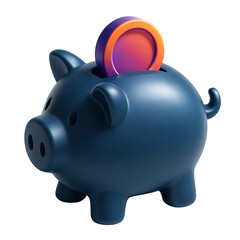 3D Rendered Icon of Dark Blue Piggy Bank with Gradient Orange Coin.