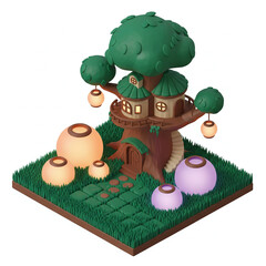 Isometric 3D of Cute Cartoon Treehouse with Illuminated Lanterns and Grassy Base.