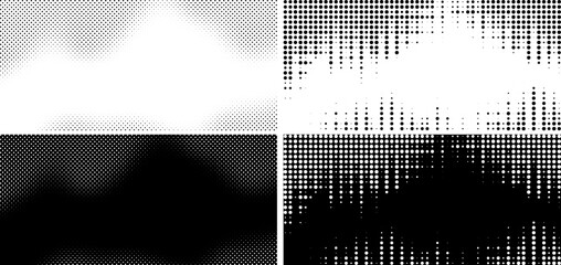 Halftone Dots Gradient Background. Grunge Halftone Frame. White And Black Noise Retro Effect. Half tone Texture Collection. Vector Set.