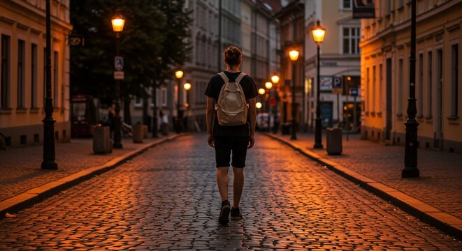 Solitary Journey Down a Glowing Cobblestone Street Lined with Historic Buildings. - Powered by Adobe