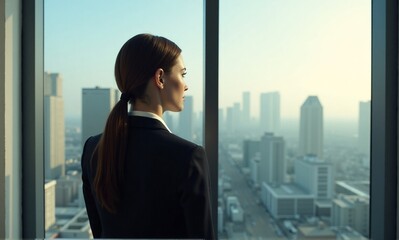 A woman in a suit gazes out at a hazy city skyline from a tall office building window.