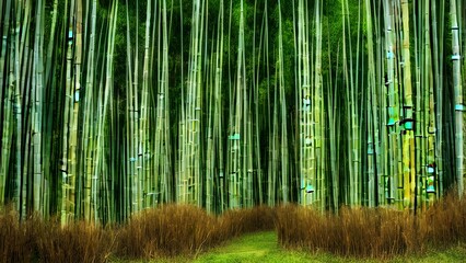 Fototapeta premium Lush green bamboo stalks grow along a forest path, creating a vibrant, natural landscape in the morning light