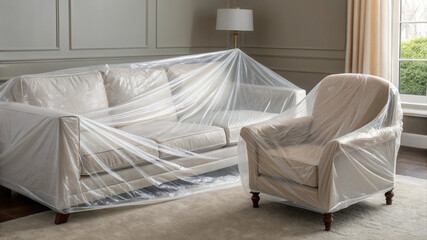 Living room with a sofa and armchair covered in plastic wraps  