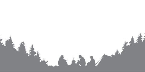 Obraz premium Silhouette of a person camping in the forest with trees and a white background. Suitable for adventure, hiking and camping backgrounds such as flyers, posters, social media and banners.