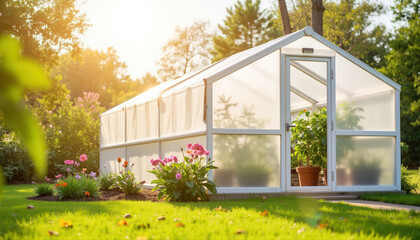 Modern greenhouse surrounded by colorful flowers in sunny garden  