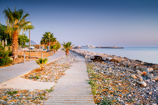 View of Latchi Harbour in the morning, Akamas Peninsula, Polis, Cyprus. Latchi Harbour with seafront promenade.