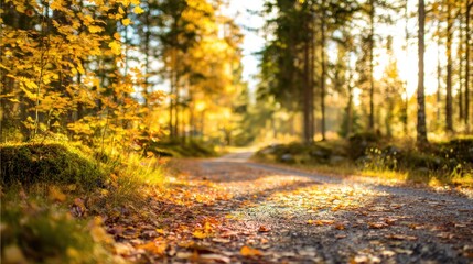 Golden autumn path through a serene Swedish forest with scattered leaves.