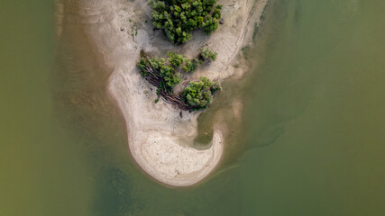 Aerial view of Danube river landscape in Hungary with the tip of Szentende Island at Kisoroszi